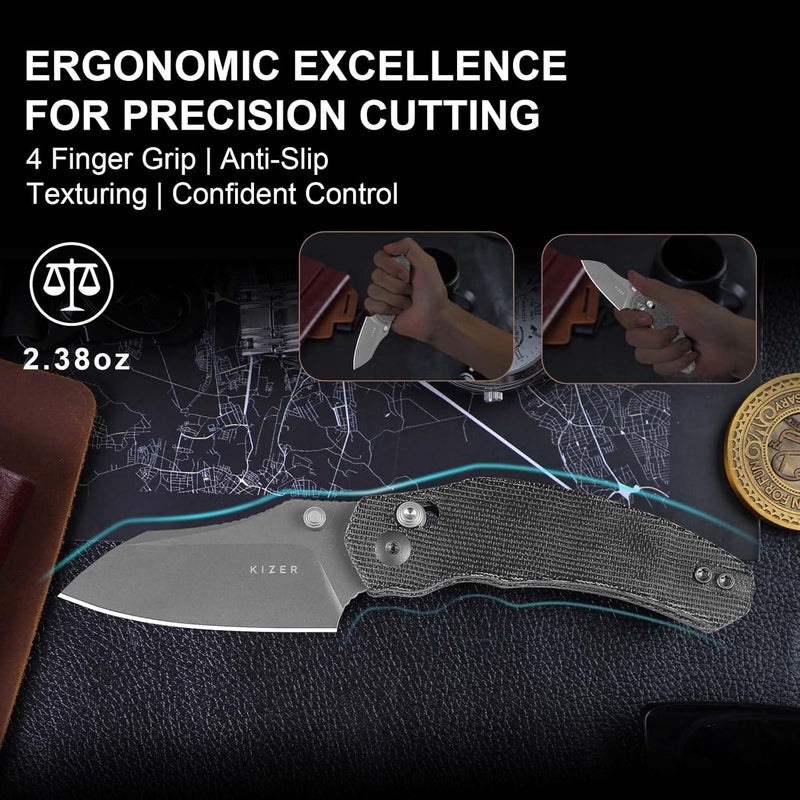 KIZER Mini Bulldog Pocket Knife, 2.5” Nitro V Sheepsfoot Blade Folding Knife, Micarta Handle Clutch Lock Small EDC Knife for Men Women Gift, Fishing Hiking Camping Hunting Knives V3672SA2 - Image 3